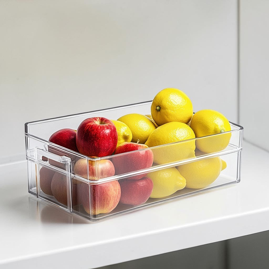 Huxly Refrigerator Organizer Bins - Clear Plastic Storage Box with Handles for Fridge & Pantry - Stackable - BPA Free - Set of 2